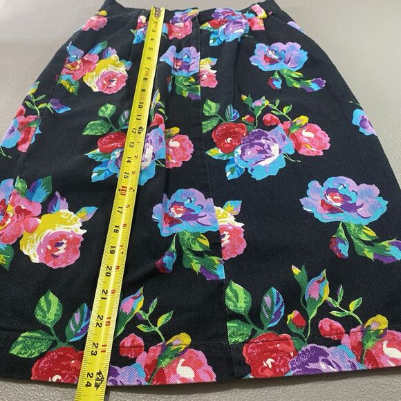 Vintage TANGIBLES Skirt Denim Floral Pleated Midi 1990s Womens 7 8 Black Bright - Picture 5 of 12